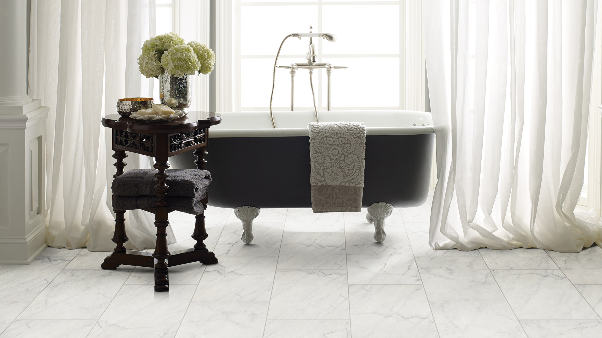 Tile flooring in an elegant bathroom.